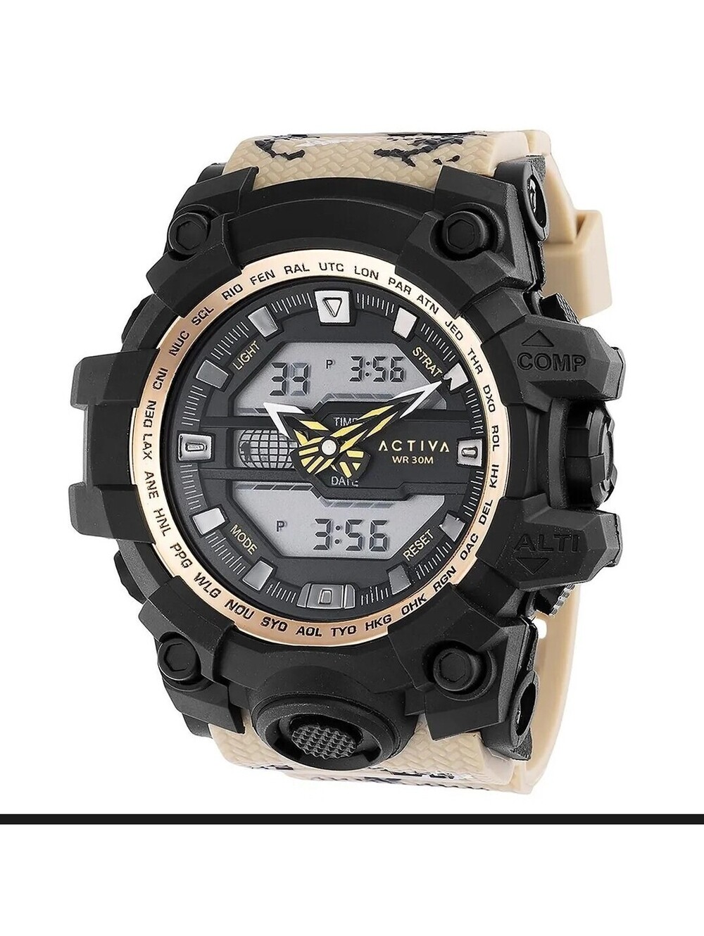 125 Activa Sport Analog & Digital Black Gold Wristwatch Compass Altimeter Alarm